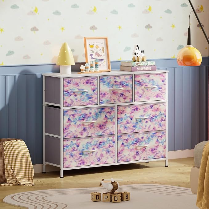 WLIVE Dresser for Bedroom, 7 Drawers, TV Stand, Tie-Dye | 7 roomy fabric drawers, Fits TVs up to 45 inch, Bedroom or living room, Wide storage design, Chest of drawers
