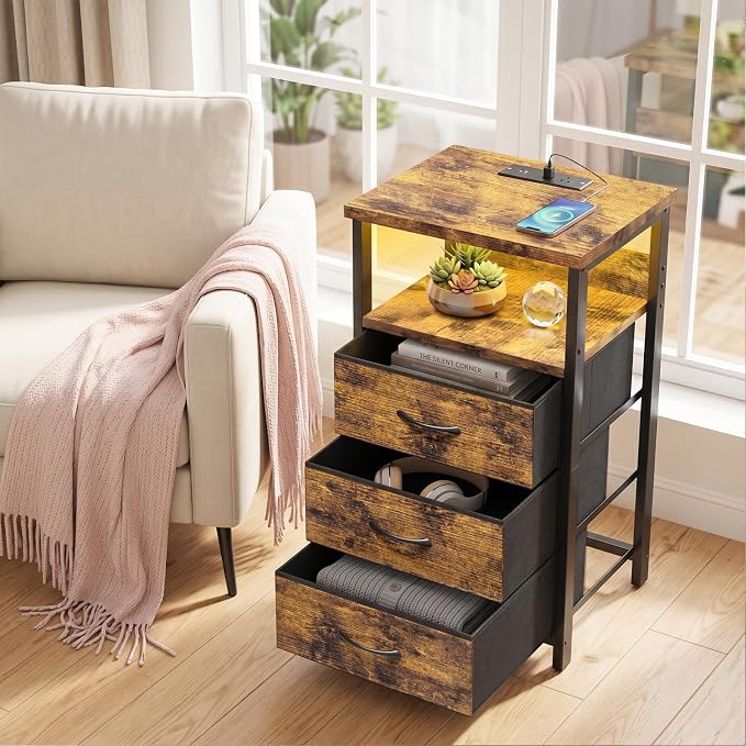 Fixwal Night Stand with 3 Fabric Drawers, Nightstand with Charging Station | rustic brown, led lights, built-in bedside charger, 2 AC outlets & 2 usb ports, 2 wooden shelves, bedroom furniture