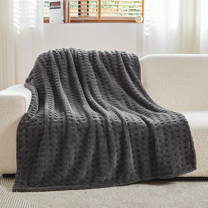 NEWCOSPLAY 3D Waffle Checkered Flannel Twin Blanket, Dark Grey, 60"x80" | Super Soft Cute Lightweight Decorative Premium Silky Fleece Blanket for Couch Sofa Bed, Gift for Women Men, All Season Use