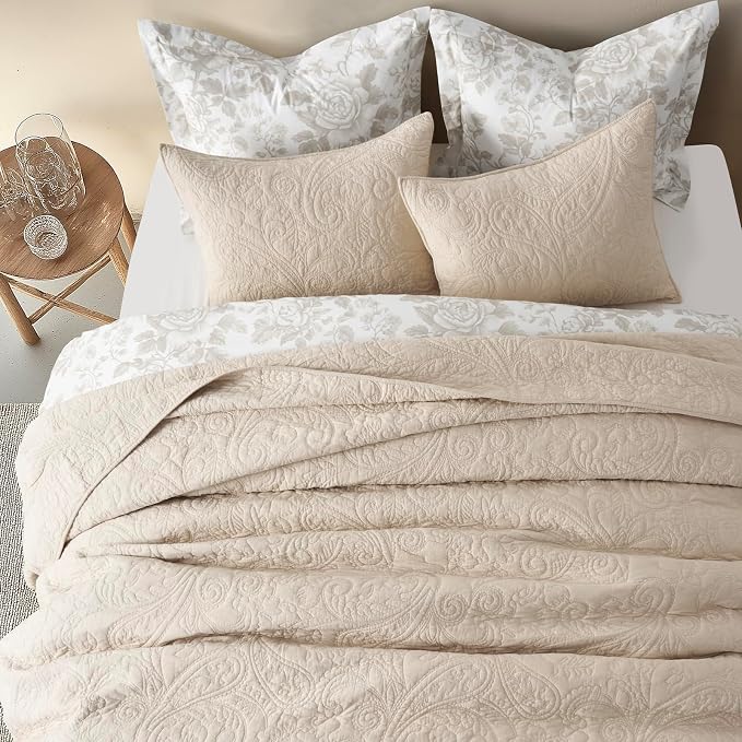 EVERGRACEHOME 100% Cotton Paisley Quilt Set, Queen Size, Flax Beige | Prewashed for Softness, Year-Round Breathability, Gift-Ready Box, Matelasse-style Quilted Coverlet, 3 Piece Set with 2 Shams