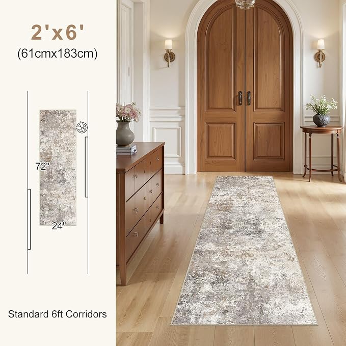 UERMEI 2x6 Washable Runner Rug for Hallway, Non Slip Low Pile Kitchen Carpet, Neutral Modern Abstract Indoor Floor Mat for Entryway Laundry, Kid & Pet Safe High Traffic Area, Brown Grey
