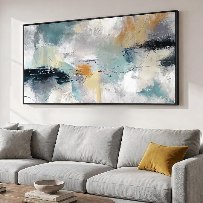 Large Framed Gray Teal Abstract Wall Art for Living Room, Horizontal 30x60 | Modern pictures, Canvas prints, Wood frame, Minimalist paintings artwork for walls, Wall decor for bedroom dining room office