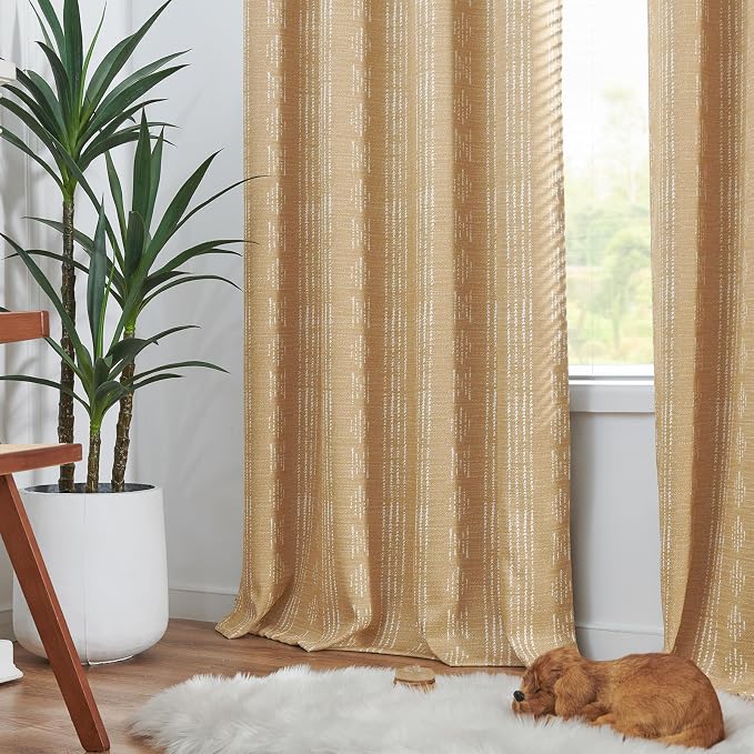 jinchan Boho Blackout Curtains 63 Inch Length for Bedroom Living Room | White on Mustard Yellow Geometric Grommet Curtains Room Darkening Thermal Insulated Window Treatments 2 Panels