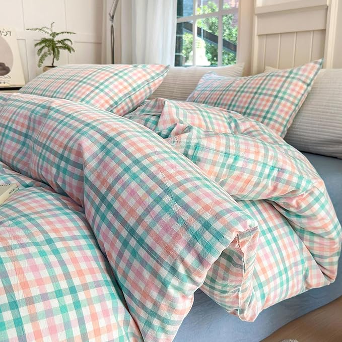 LifeTB Queen Comforter Set Multi-Colored Gingham Comforter Modern Style Checkered Pattern Comforter Set Colorful Grid Plaid Bedding Comforter Fluffy Soft Lightweight Grid Bedding Set Breathable