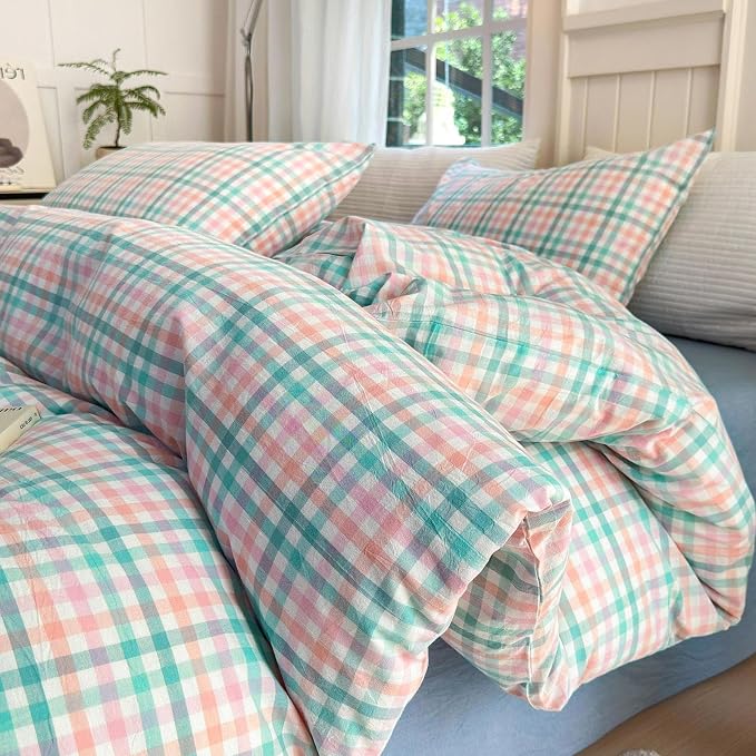 LifeTB Gingham Comforter Set Twin XL Multi-Colored Plaid Comforter Set 3 Pieces Checkered Grid Comforter with 2 Pillowcases Soft Fluffy Gingham Bedding Set Farmhouse Grid Bed Comforter Twin XL