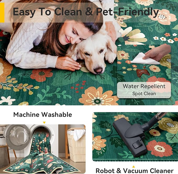 RELEANY Floral Washable 9x12 Area Rugs DarkGreen | Flower Carpet, Print, Boho, Non-Slip, Easy to Clean, Soft, Low Pile for Living Room Bedroom Kitchen Office Entryway Hallway