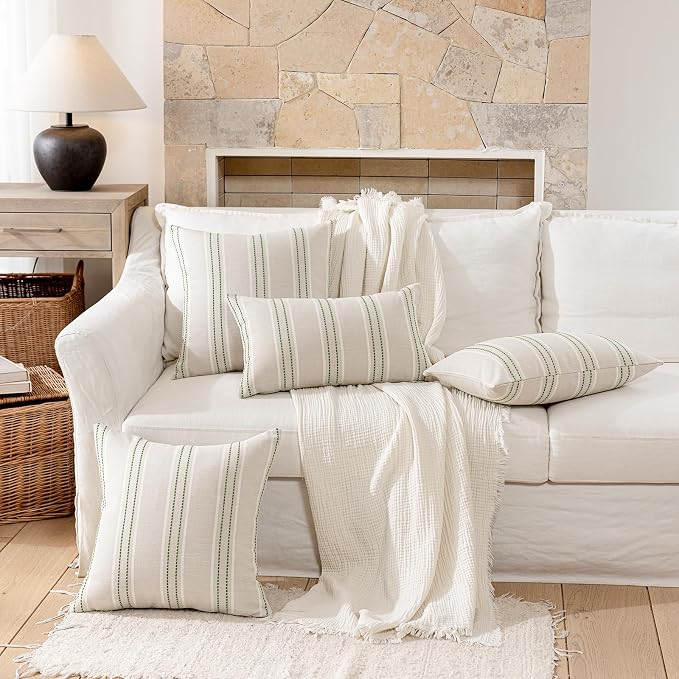 Hckot Striped Throw Pillow Covers 20x20 Set of 2 Grass Green Pillow Covers | Farmhouse Decorative Pillows Textured Linen Square Cushion Covers for Sofa Couch Bed Living Room Decor(Grass Green)