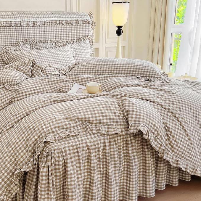 LifeTB Tan Gingham Comforter Set Twin XL Vintage Ruffle Taupe Plaid Checkered Comforter Set 3 Pieces Soft Fluffy Beige Grid Bed Comforter with 2 Pillowcases Farmhouse Gingham Bedding Set
