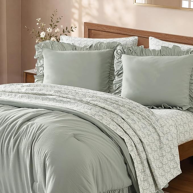 Queen Comforter Set-7 Pieces Ruffle Bedding with Floral Sheet | Sage Vine Bed in a Bag, Soft Lightweight All Season Farmhouse Queen Bedding Sets with Floral Sheets, Pillowcases & Shams
