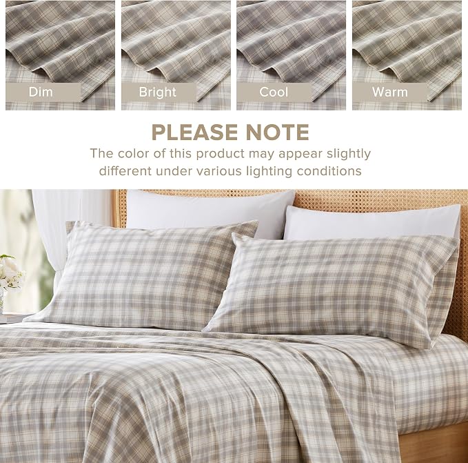 Comfort Spaces 100% Cotton Percale Sheets Full Size 4 Piece, Wesley Taupe | Crisp, Cool & Breathable Bed Sheets, 14" Deep Pocket Fits Up to 16" Mattress, Lightweight, All Season Cozy, with Pillow Case