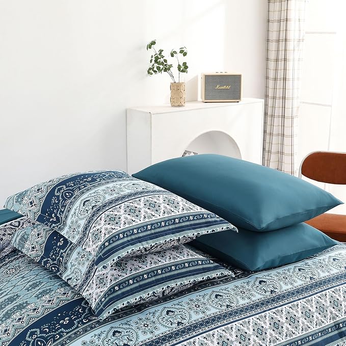 Cottolester Boho Comforter Set King Size 8 Pieces, Teal Blue Comforter Bohemian Striped Bed in A Bag, Soft Microfiber Bedding Set for All Seasons