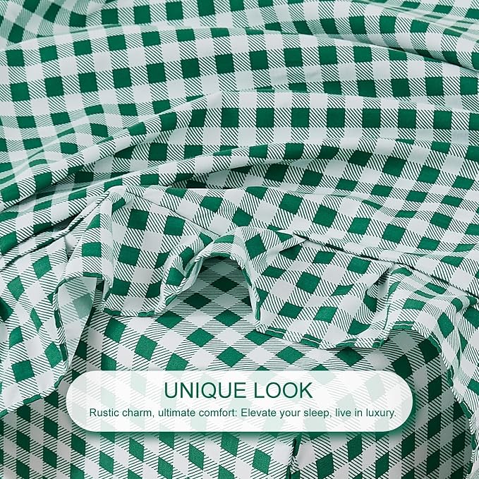 Gingham Twin Sheet Set, Lightweight Super Soft Brushed Microfiber Plaid Bed Sheets with 16" Deep Pocket, 3 Piece Ruffle Farmhouse Bedroom Decor, Green