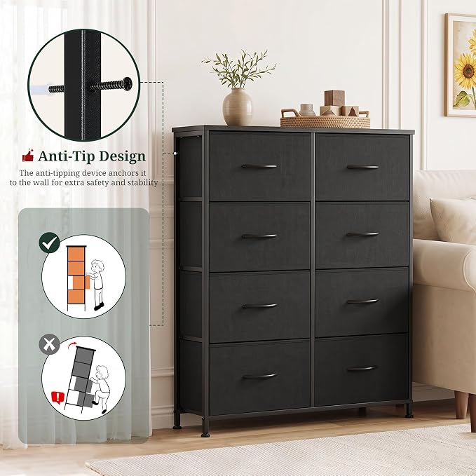 8-Drawer Dresser for Bedroom, Upgraded Anti-Tip Tall Storage Organizer | Chest of Drawers with Wooden Top and Metal Frame Fabric Bins for Closet, Living Room, Hallway, Entryway, Soft Black