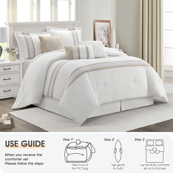 7 Piece Comforter Set, Taupe White, Queen Size, Boho Style Geometric Microfiber Embroidery, Bed in a Bag with Bedskirt, Pillow Shams and Decor Pillows