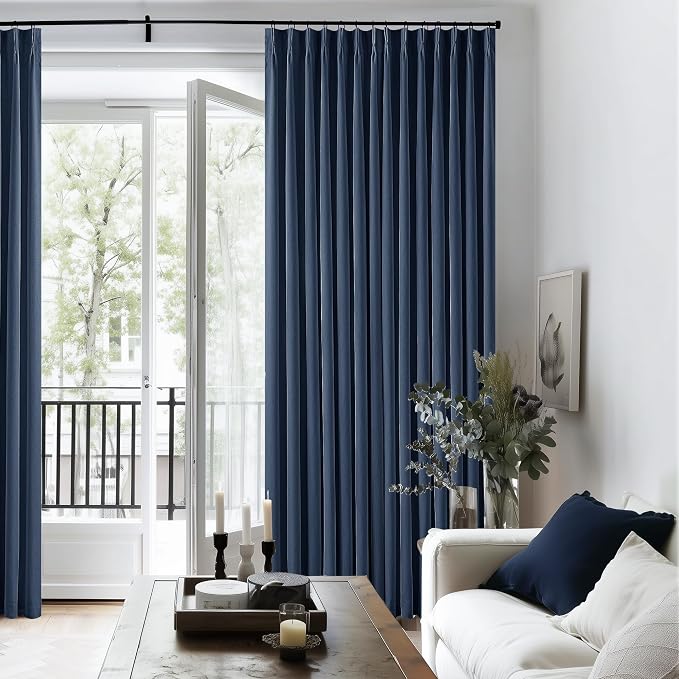 Indigo Navy Pleated Linen Blackout Curtains 90 Inches Long for Bedroom | 100% Black Out Thermal Insulated, Pinch Pleat with Ring Hooks Back Tab, Room Darkening Drapes with Liner, for Living Room