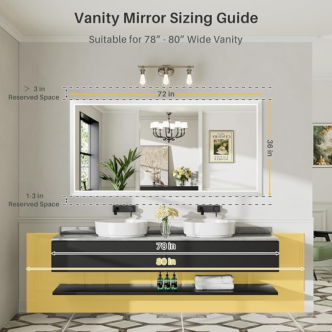 Bathroom Wall Mirror, White Metal Frame, 72x36 Inch | Anti-rust, HD tempered glass, for bathroom vanity, bedroom, living room, horizontal or vertical mount