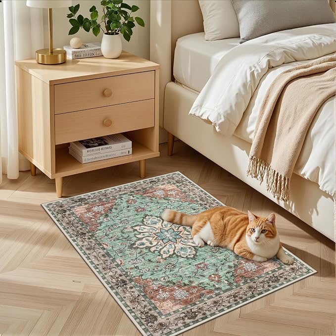 2x3 Area Rugs Living Room: Washable Rug for Bedroom Brown Green | Boho No Slip Stain Resistant Rug Soft Indoor Decor Floor Floral 2x3 Area Rugs for Dining Room, Nursery, Hallway, Home Office