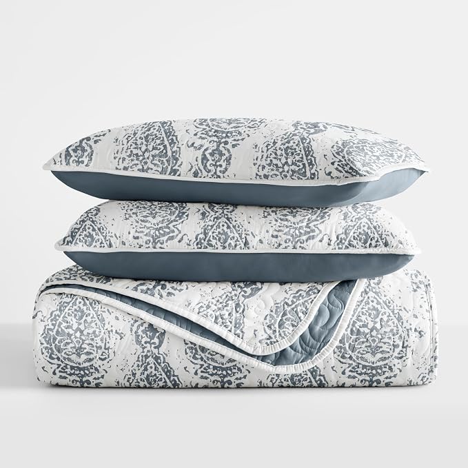 Merit Linens Soft Quilt Coverlet Bedding Set - Pattern/Solid Reversible - Full/Queen Dusk Blue