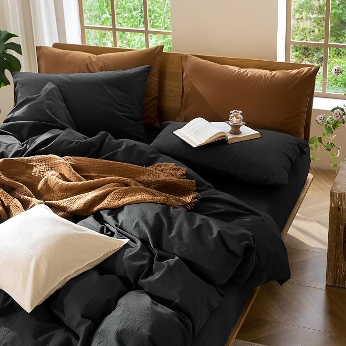 MooMee Duvet Cover Set 100% Washed Cotton Linen Like Twin | Relaxed Linen-like Texture. Soft, Breathable & Long-lasting Comfort. Lightweight. Hidden Zipper with 8 Interior Corner Ties