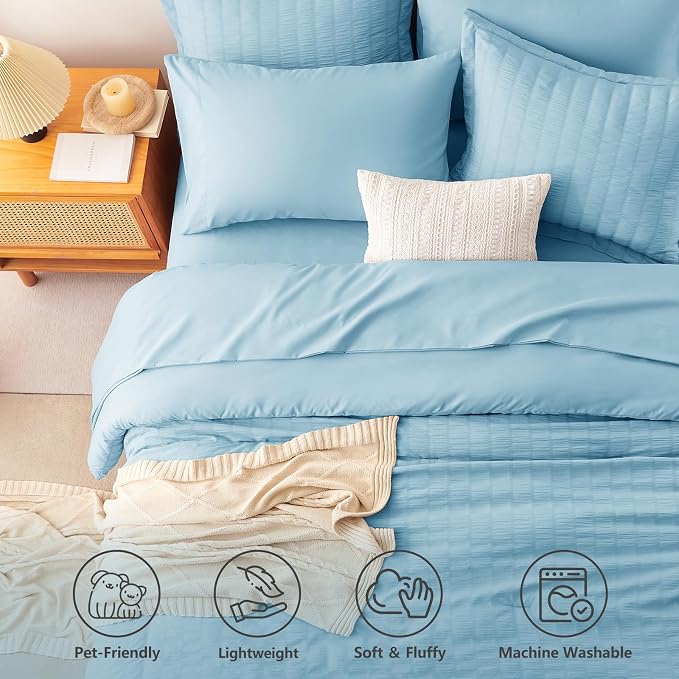 Full Size Comforter Sets, 7 Pieces Sky Blue Seersucker Bed in a Bag | OEKO-TEX Certified, All Season Bedding Set with 240 GSM Down Alternative Comforter, Flat & Fitted Sheets, Pillowcases & Shams