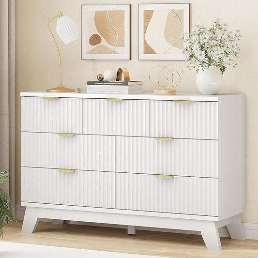 Xixini Fluted Dresser for Bedroom with 7 Drawers, 48" Wide Modern Chest of Drawers with Metal Handle, Wooden Dresser TV Stand, Wood Closet Clothes Storage Organizer for Living Room, Hallway, White