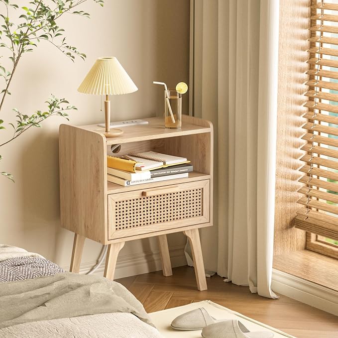 Lerliuo Rattan Nightstands Set of 2 with Charging Station, Boho Night Stand | Handmade Natural Rattan Drawer and Open Shelf, Side End Tables with Solid Wood Legs for Bedroom, Dorm, Small Spaces
