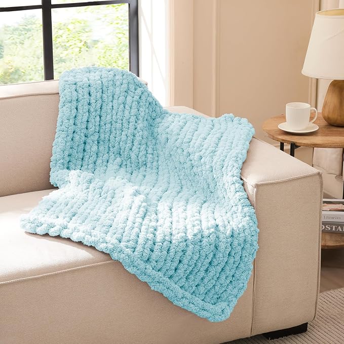 L'AGRATY Chunky Knit Throw Blanket for Couch, 30 x 40 Inches, Light Blue | Handmade Chenille Crochet Blanket for Sofa Bed, Thick Cable Knitted Blankets for Room Home Decor, Birthday Gift for Women Mom
