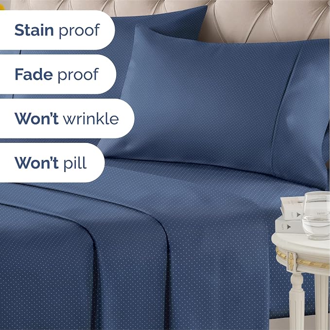 Queen 4 Piece Striped Sheet Set - Breathable & Cooling - Navy Microdots | 1 Flat, 1 Fitted & 2 Pillowcases w/ Deep Pockets, Luxury Striped Bedding, Soft, Breathable & Cooling, Wrinkle & Fade Free