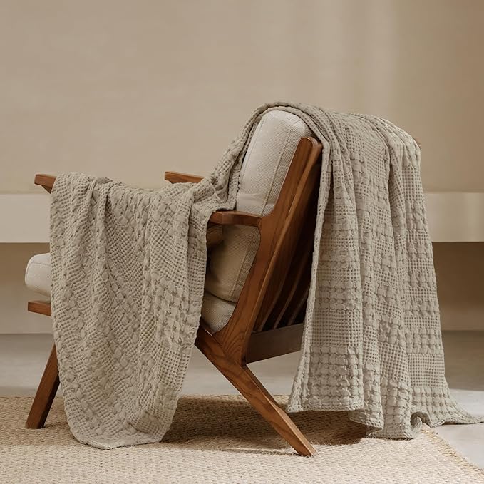 PHF Lightweight 100% Cotton Waffle Throw Blanket for Couch, Taupe | Pre-Washed Soft Cotton Comfort, Breathable Layering Warmth for Fall & Winter, Office, Travel, Sofa, Home Decor & Gifts