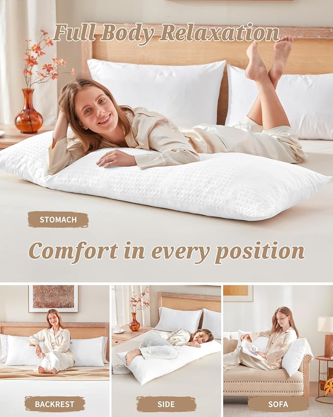 YZ HOME Waffle Weave Body Pillow for Adults, Memory Foam Insert | Long Pillow with Removable Pillowcase, Firm and Fluffy, Large Bed Pillows for Side Sleepers, Washable, 20x54 Inch, White