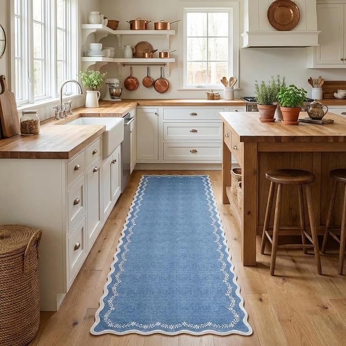 GarveeHome 2.5x10 Scalloped Washable Runner Rug Long Hallway Kitchen Rug | Soft Blue Hall Runner Non Slip Entryway Rug Farmhouse Thin Laundry Mat Stain Resistant Carpet for Bathroom Beside Rug