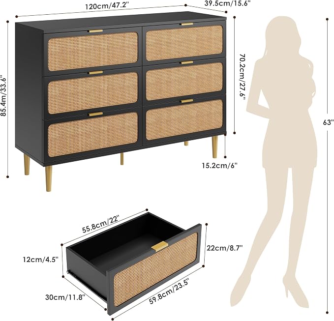 GarveeHome Rattan 6 Drawer Dressers for Bedroom, Deep Drawer, Black | Tall Dresser, Wide Top, for Living Room, Hallway, Kids Room, Large Chest of Drawers for Closet, Long Wooden Dresser