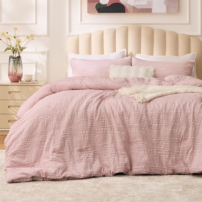 BEDELITE King Comforter Set Striped-Blush Pink,Lightweight & Soft Comforter | Pintuck Boho Bedding, Warm & Cute Bed Set for All Season,With 2 Pillowcases