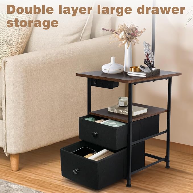 PESRAE Floor Lamp with Table & 2 Drawers, End Table with Lamp, Rustic Brown | Charging Station with USB, Type-C & AC Outlet; 9W LED Bulb with 3 Color Temperatures for Bedroom, Living Room & Home Office