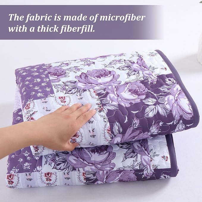 Anibedding Purple Patchwork Quilt Set King, Rose Floral Plaid Bedspread | Lavender Vintage Flower Coverlet, Lighweight Microfiber Farmhouse Quilt Bedding Set 3 Pieces for All Season, 96''x90''