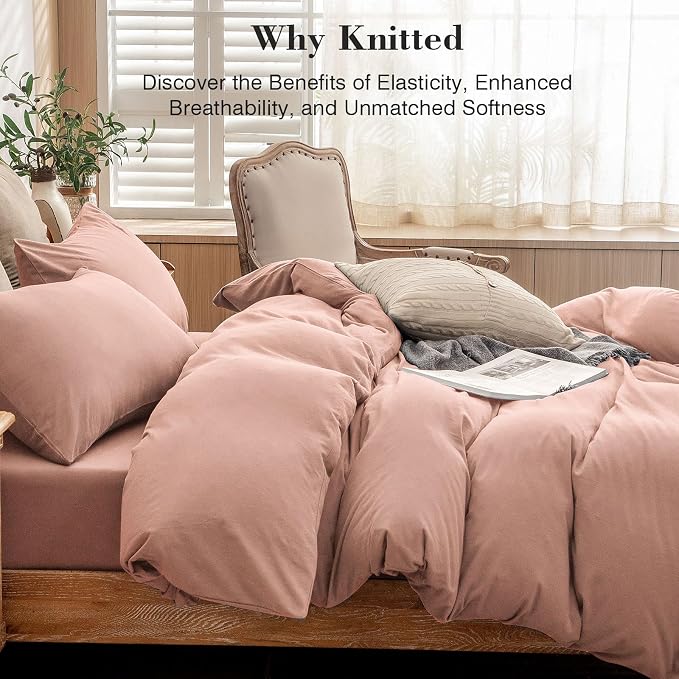 PURE ERA Jersey Knit Sheet Set Solid Petal Pink Twin | 100% Cotton, 3 Piece Set, T Shirt Soft, Breathable, Envelope Closure Pillowcases, Hidden Zipper, 8 Ties, No Insert, Modern