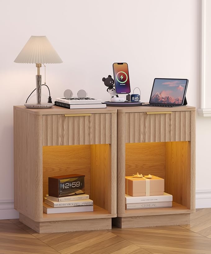 Akxomel Fluted Nightstand Set 2 Bedside Table with Charging Station Oak | Wooden Side Table with LED Light, Modern Mid Century End Table with Drawer, 15" D x 15.7" W x 22.6" H, for Bedroom