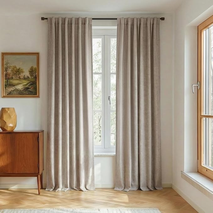 RYB HOME Natural Beige 100% Blackout Linen Curtains 78 Inches for Bedroom | Rod Pocket Back Tab, Thermal Insulated Privacy Assured, for Bedroom Office Nursery Living Room Dormitory, W52 x L78, 2 Panels