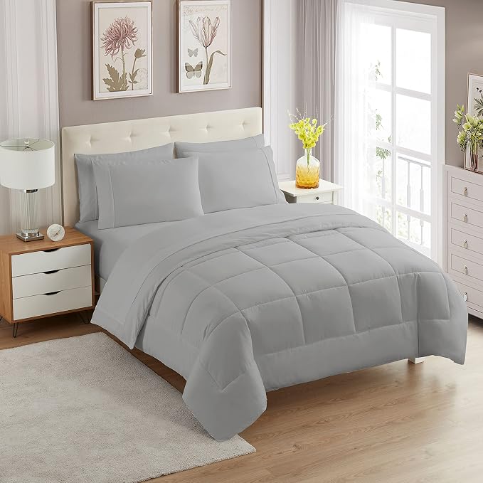 King Size Comforter Set with Sheets - 7-Piece Bedding Collection - 1 Comforter, 1 Fitted Sheet, 1 Flat, 4 Pillowcases - Deep Pocket - Soft & Breathable Premium Quality - Ideal for All Seasons, Silver
