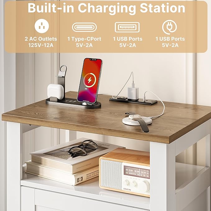 Decofy Farmhouse 2-Drawer Nightstand with Charging Station, White | Open Shelves, AC Outlets, USB And Type C Ports, Rustic Wood Bedside Tables, Storage For Small Items
