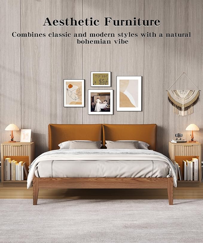 Akxomel Fluted Nightstand Set 2 Bedside Table with Charging Station Oak | Wooden Side Table with LED Light, Modern Mid Century End Table with Drawer, 15" D x 15.7" W x 22.6" H, for Bedroom