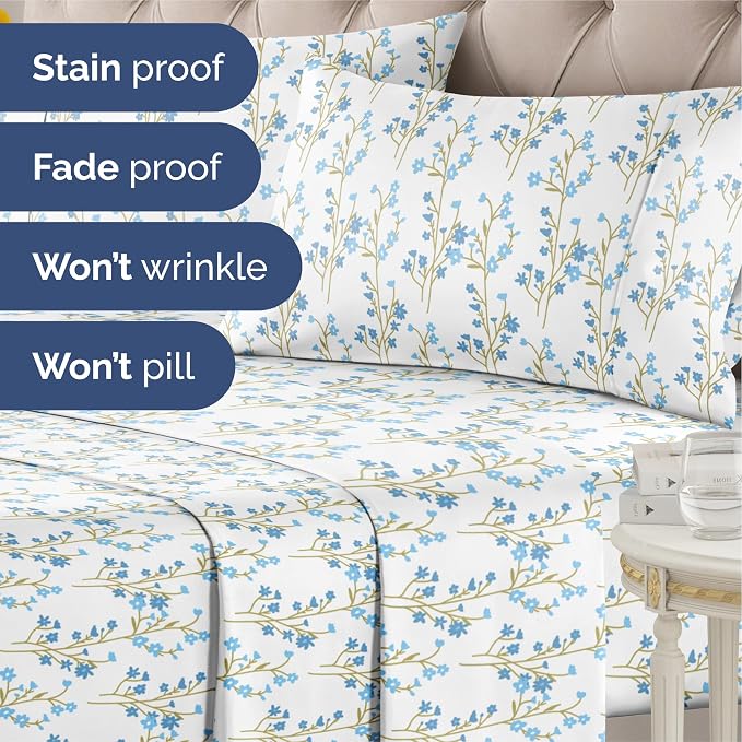 Queen 3 Piece Floral Sheet Set - Soft, Breathable & Cooling - Sea Spring | 1 Flat, 1 Fitted & 1 Pillowcase w/ Deep Pockets, Boho Botanical Floral Bedding, Breathable & Cooling, Wrinkle & Fade Free