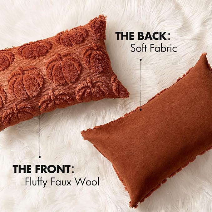 MIULEE Fall Pillow Covers Pumpkin Fall Decor Lumbar 12x20 Rust | Set of 2 Fall Decorations for Home, Plush Faux Fur Farmhouse Accent Pillowcases, Porch Sofa Couch Cushion Bed Livingroom
