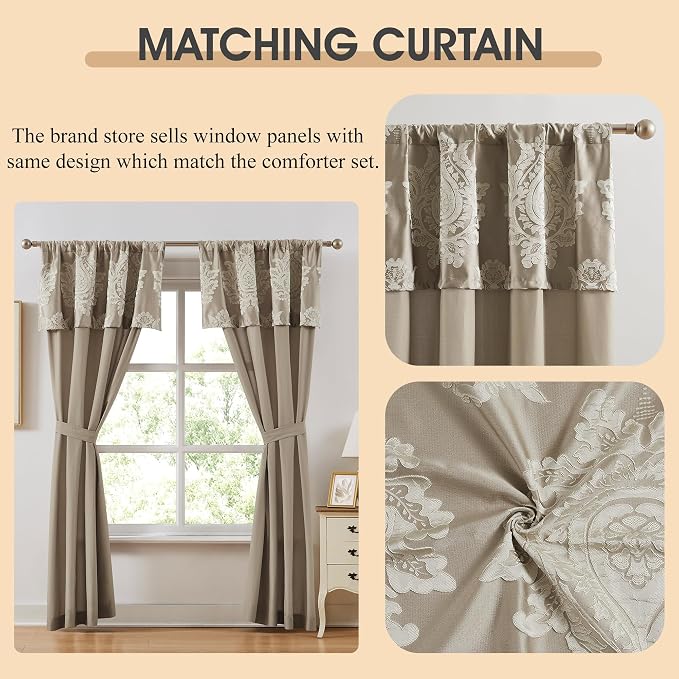Beige Queen Comforter Set 7 Pieces, Jacquard Woven with Damask, Bedding Set in a Bag Includes Comforter, Bed Skirt, Pillow Shams, and Decorative Pillows