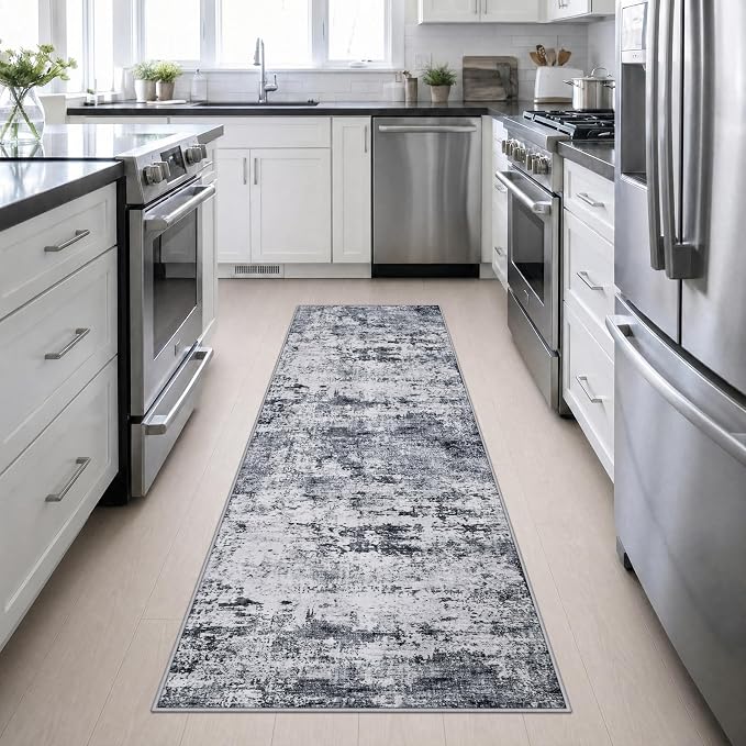 2.6x10 Washable Runner Rug:Modern Abstract Indoor Soft Carpet Grey | For Hallway, Bedroom, Kitchen, Laundry, Bathroom,Door Mat,Modern Abstract,Machine washable,Non-Slip,Stain Resistant,Indoor
