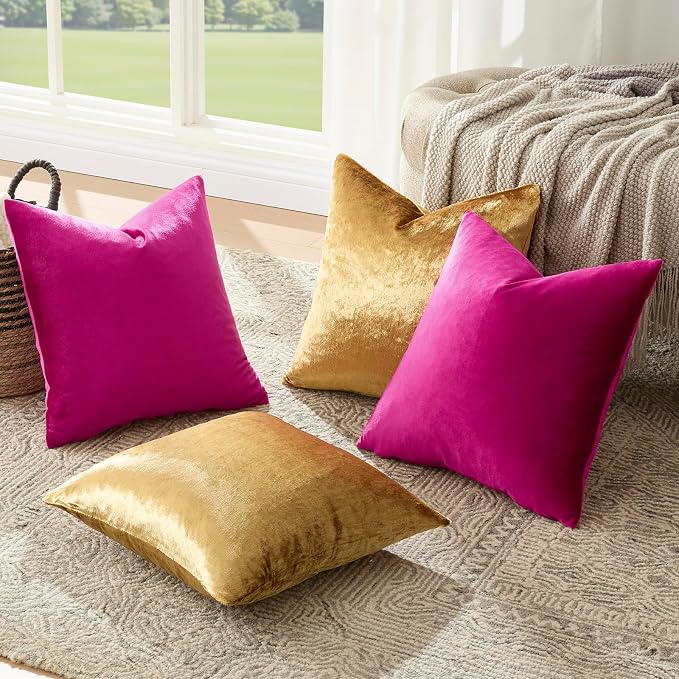 GIGIZAZA Pack of 4 Decorative Velvet Pillow Covers 18x18 Hot Pink Gold | Throw Pillows for Couch Sofa,280gsm Soft Textured Fabric,Modern Accent Pillowcases,Luxury Living Room Cushion Covers