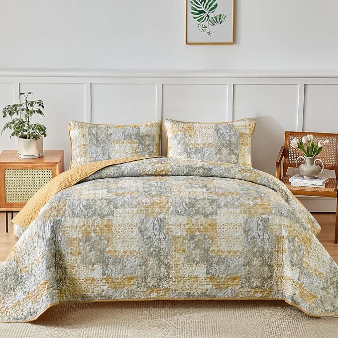 Mybedsoul Yellow Boho Quilt Queen Size, Patchwork Floral Bedding Set | Soft Lightweight Microfiber Coverlet Set, 3 Pieces Reversible Plaid Bedspread, Bed Sets for All Seasons 96"x90"