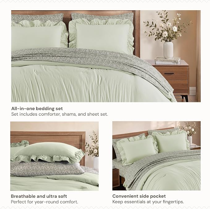 King Size Comforter Set-7 Pieces Ruffle Bedding Floral Sheet | Tint Green Bed in a Bag, Soft Lightweight All Season Farmhouse King Size Bedding Sets with Floral Sheets, Pillowcases & Shams