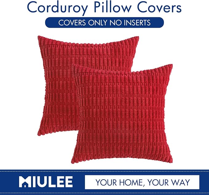 MIULEE Corduroy Decorative Throw Pillow Covers 18x18 Red Pack of 2 | Soft Boho Striped Pillow Covers Modern Farmhouse Home Decor For Sofa Living Room Couch Bed
