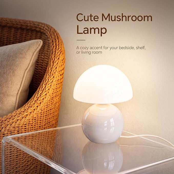 Mushroom Lamp Table Lamp for Bedroom-Small Desk Table Lamps,White | 8.7" Mid Century Modern Table Lamps for Living Room Bedroom Decor,Cute Ceramic Lamps for Mushroom Home Room Decor,Glass Shade